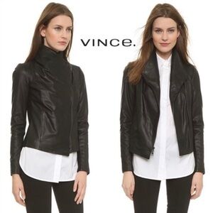 Vince scuba asymmetrical black leather moto jacket sz L